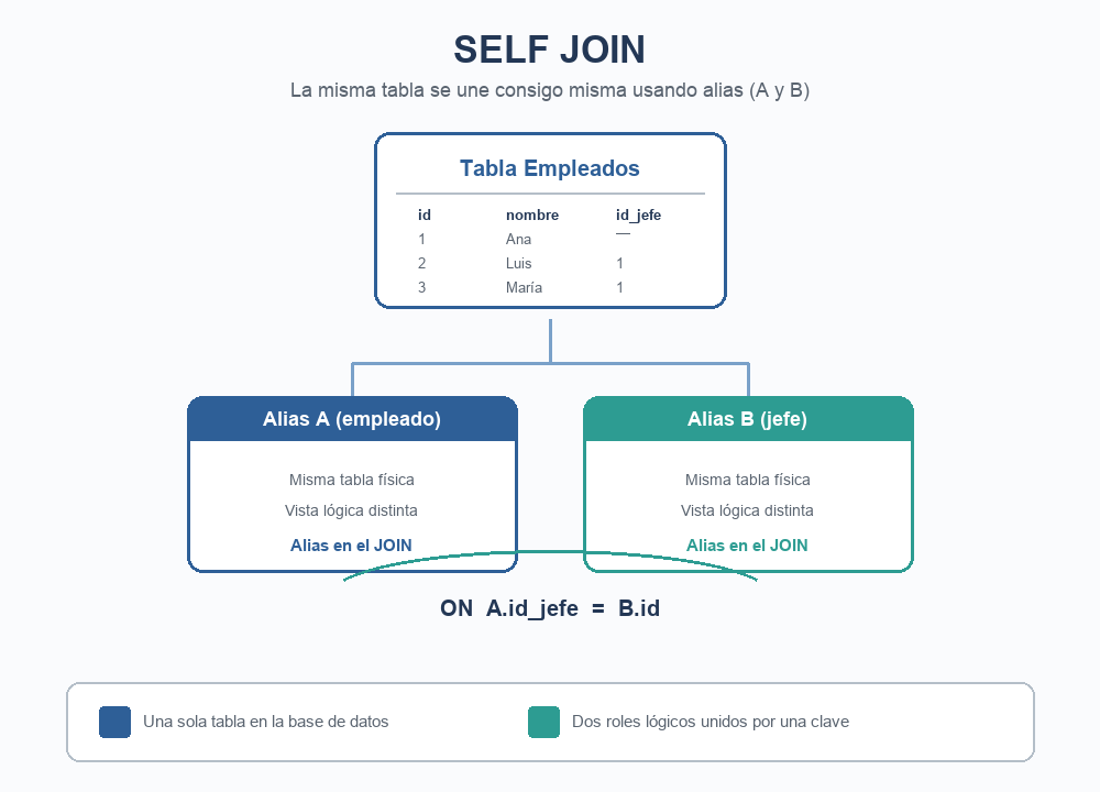 Diagrama SELF JOIN: una misma tabla unida consigo misma mediante alias A (empleado) y B (jefe)